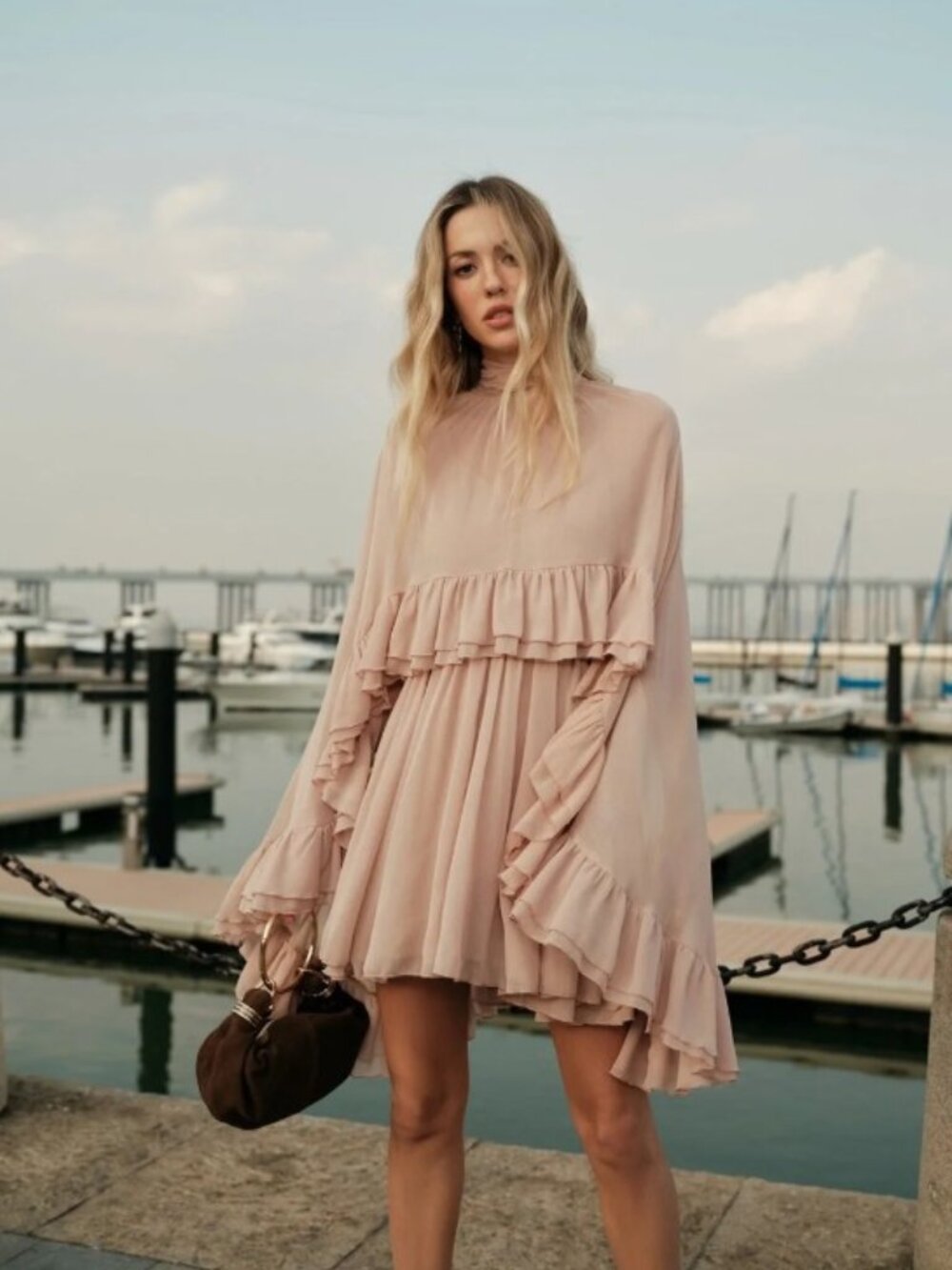 Commense Semi-Sheer Chiffon Ruffle Dress With Outer Cape in Pink